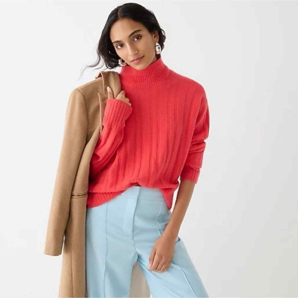 J.Crew Women’s Relaxed Fit Ribbed Mockneck Sweater XS Coral Alpaca Merino Wool